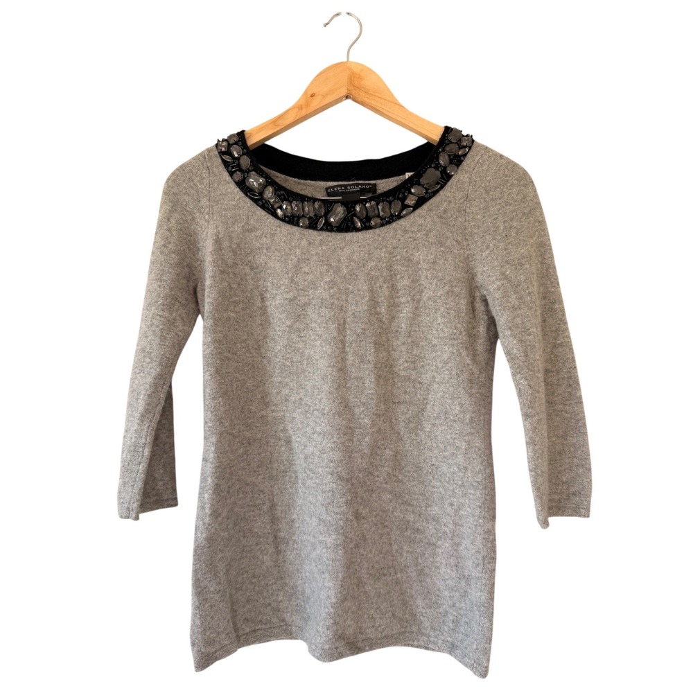 100% Cashmere Elena Solano‎ Gray Embellished Jewel Neck 3/4 Sleeve Sweater Small
